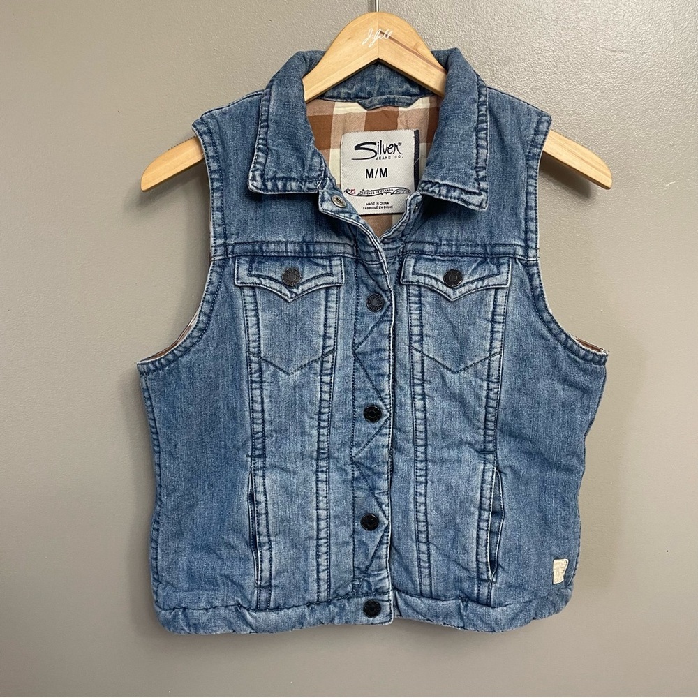 Silver‎ Brand women’s Medium Quilted lining Denim Vest Plaid Jean